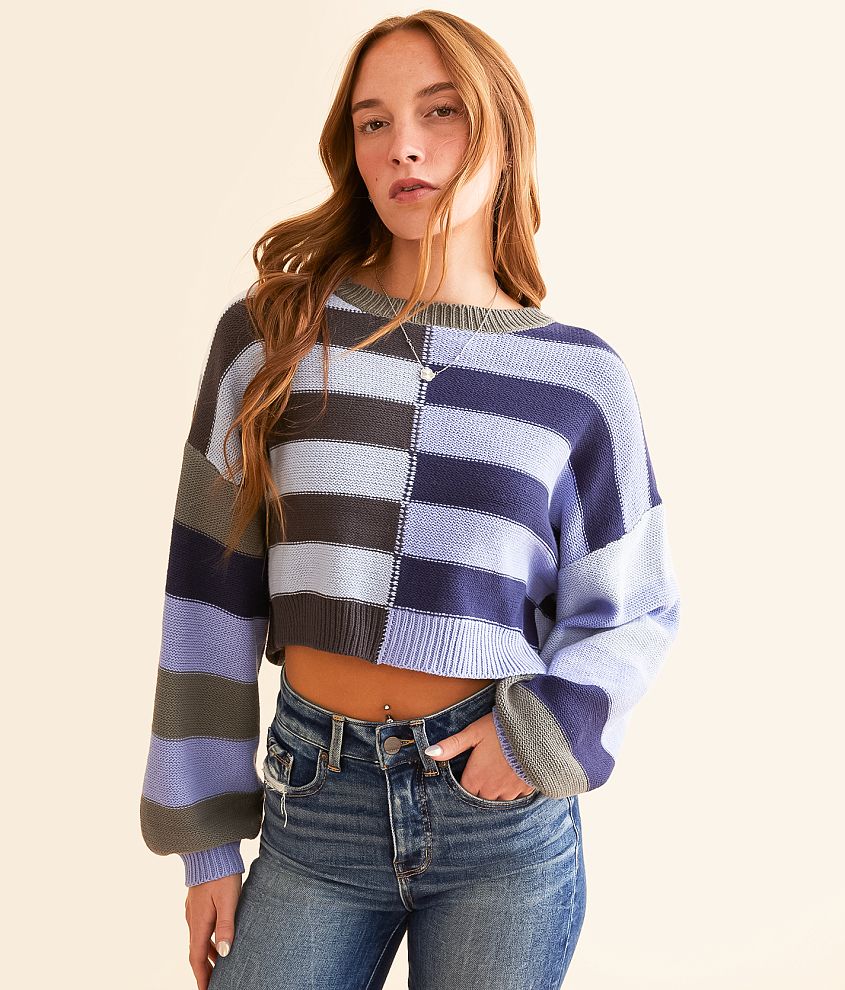 LE LIS Offset Stripe Cropped Sweater front view