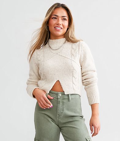 LE LIS Split Cropped Cable Sweater front view