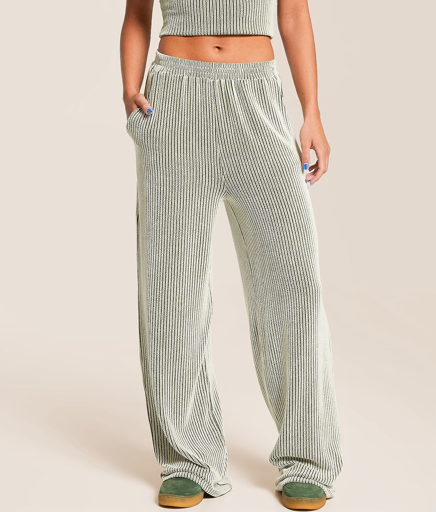 【Raucohouse】Double placket eyelet wide pants Willow & Root Rib Knit Wide Leg Pant - Women's Pants in DK