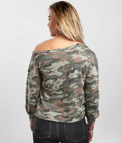 LE LIS Camo Slouchy Off The Shoulder Pullover BACK