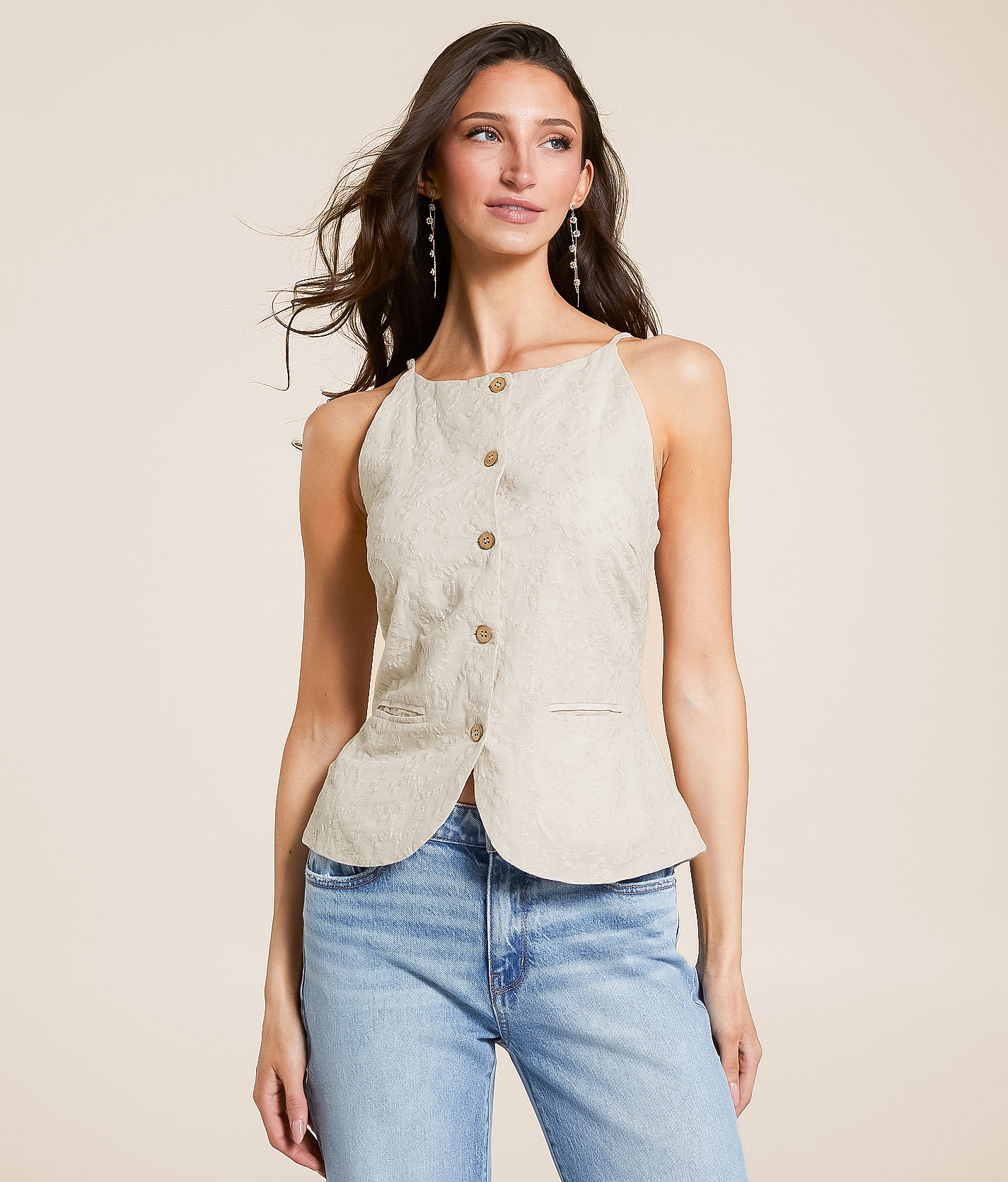 Gilli Floral Embroidered High Neck Tank Top - Women's Tank Tops in