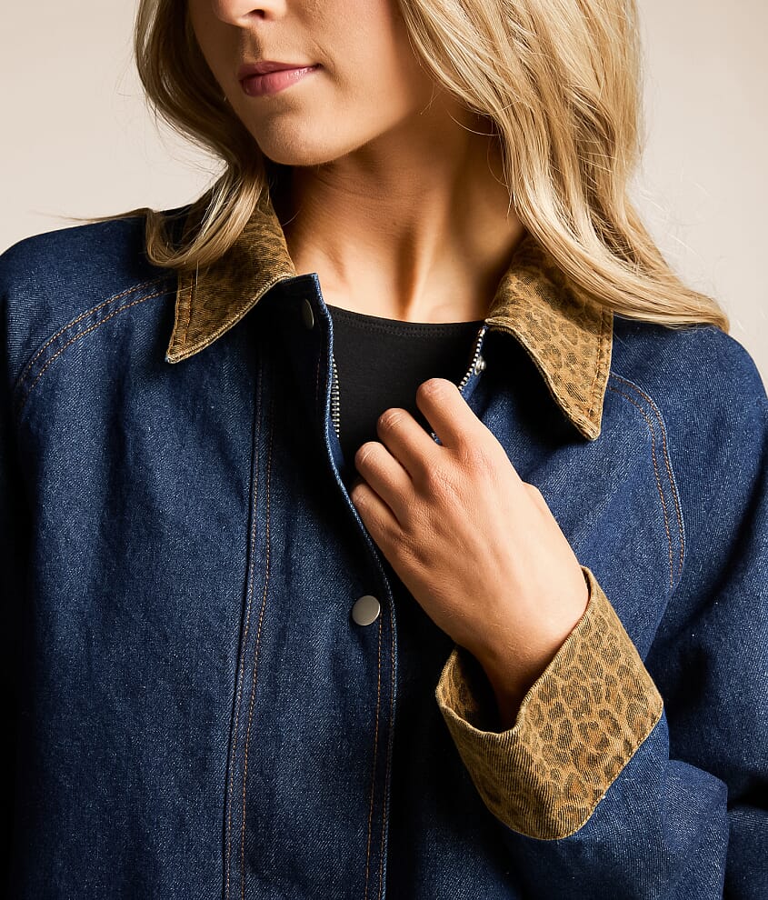 Leopard Trim Barn Denim Jacket