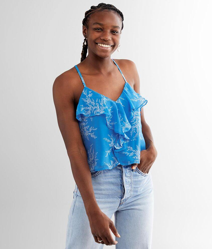 Le Lis Ruffle Trim Floral Chiffon Tank Top - Blue Small, Women's