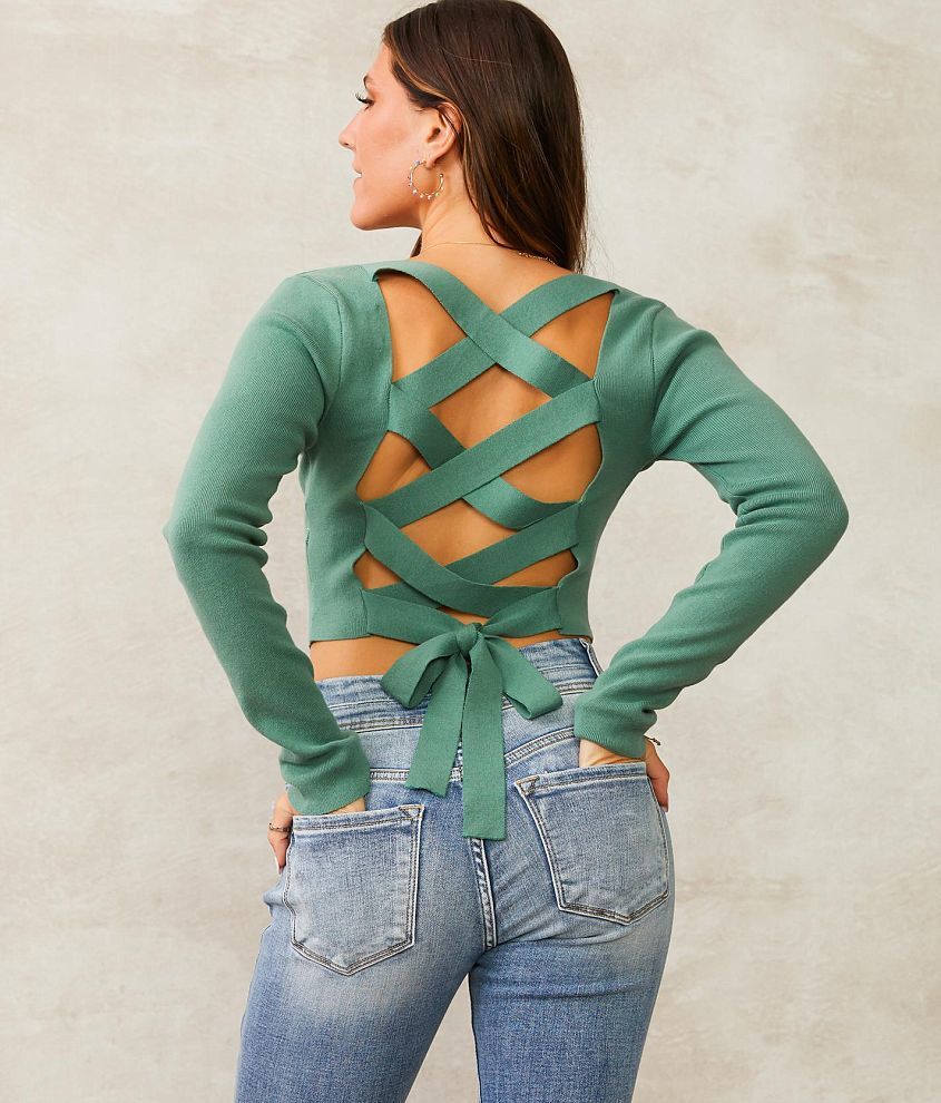 LE LIS Back Lace-Up Fitted Sweater front view