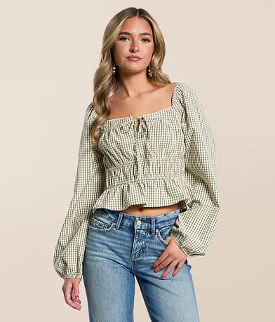 LE LIS Gingham Peplum Top front view