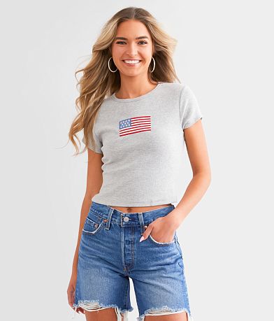 LE LIS American Flag Cropped T-Shirt front view