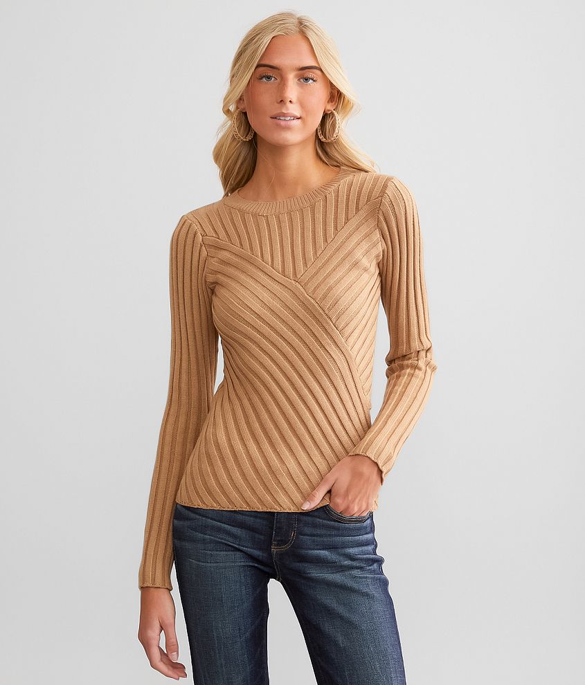 red by BKE Two Tone Ribbed Sweater - Women's Sweaters in Mustard