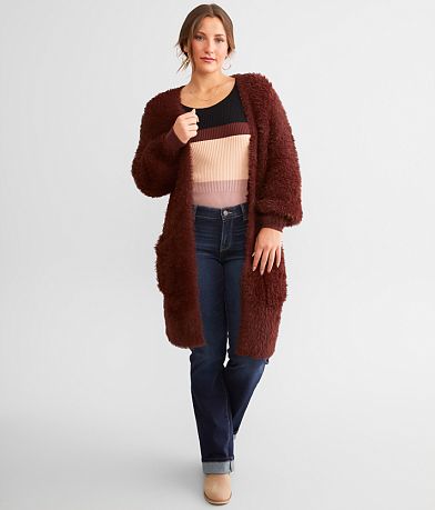 red by BKE Eyelash Knit Cardigan Sweater front view