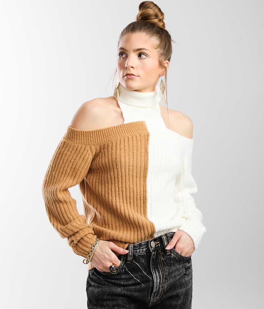 red by BKE Color Block Turtleneck Sweater - Women's Sweaters in Taupe