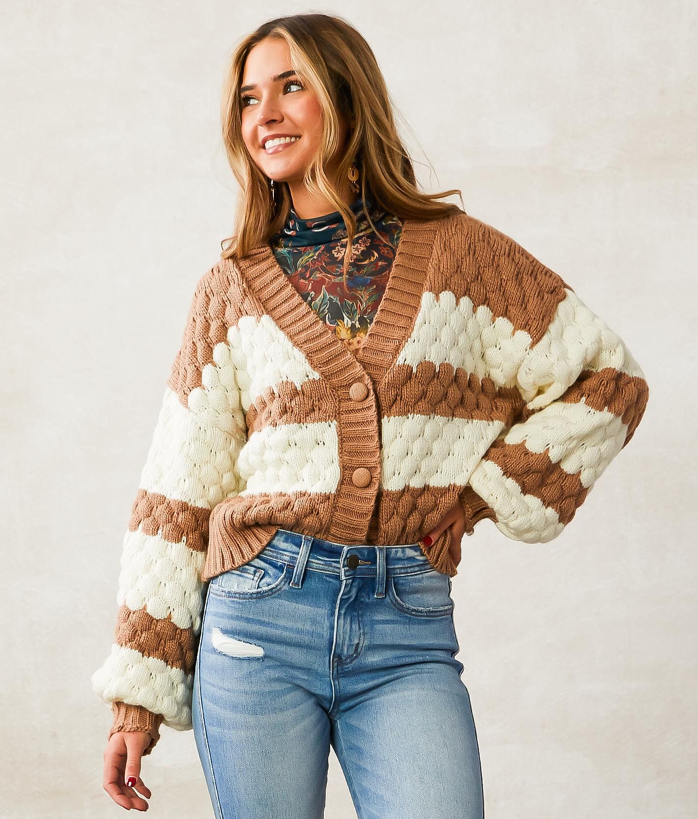 Willow Root Bobble Stitch Cardigan Sweater Brown Cream X Large Women s