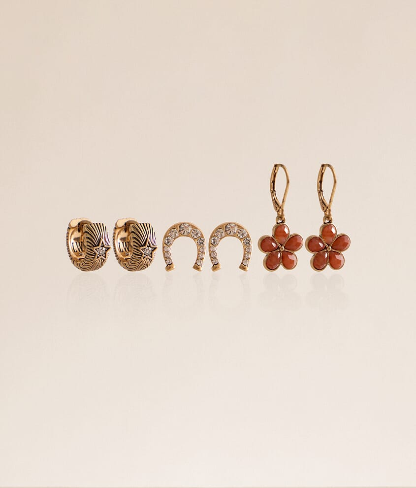 3 Pack Horseshoe &amp; Flower Earring Set - thumbnail 2