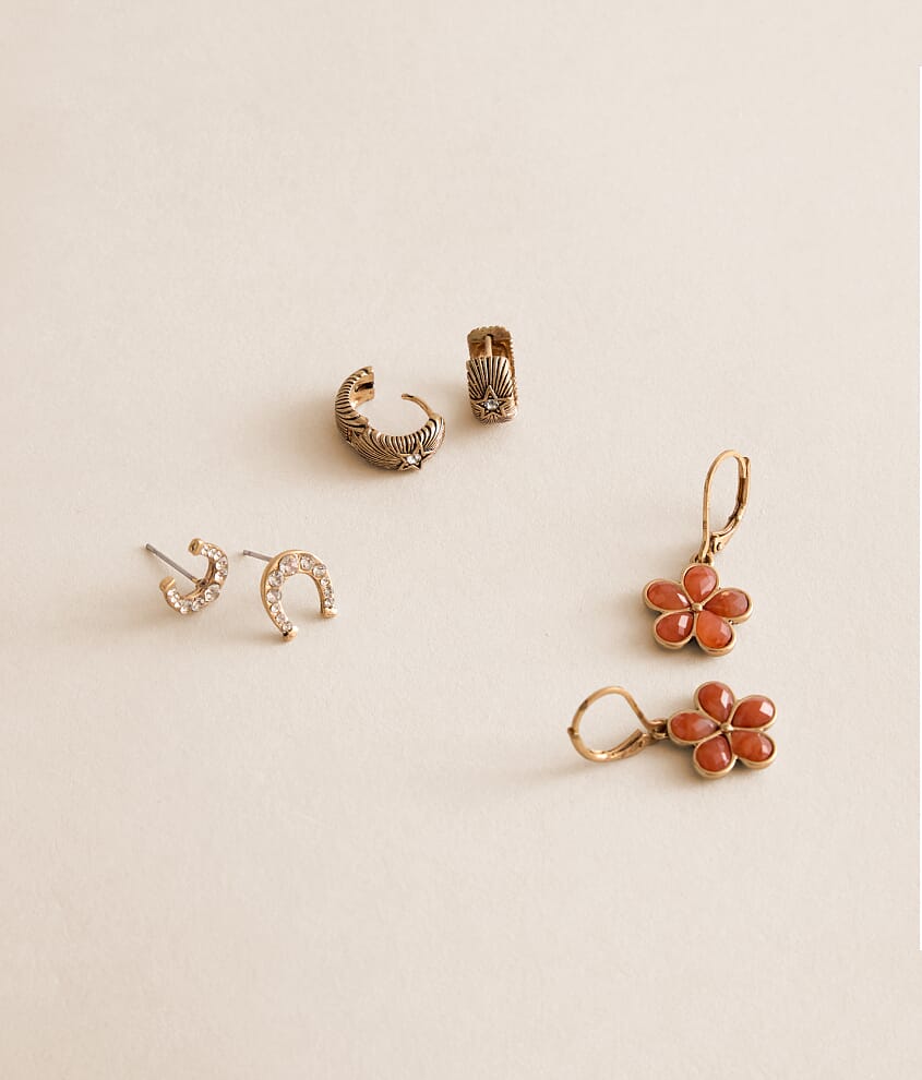 3 Pack Horseshoe &amp; Flower Earring Set