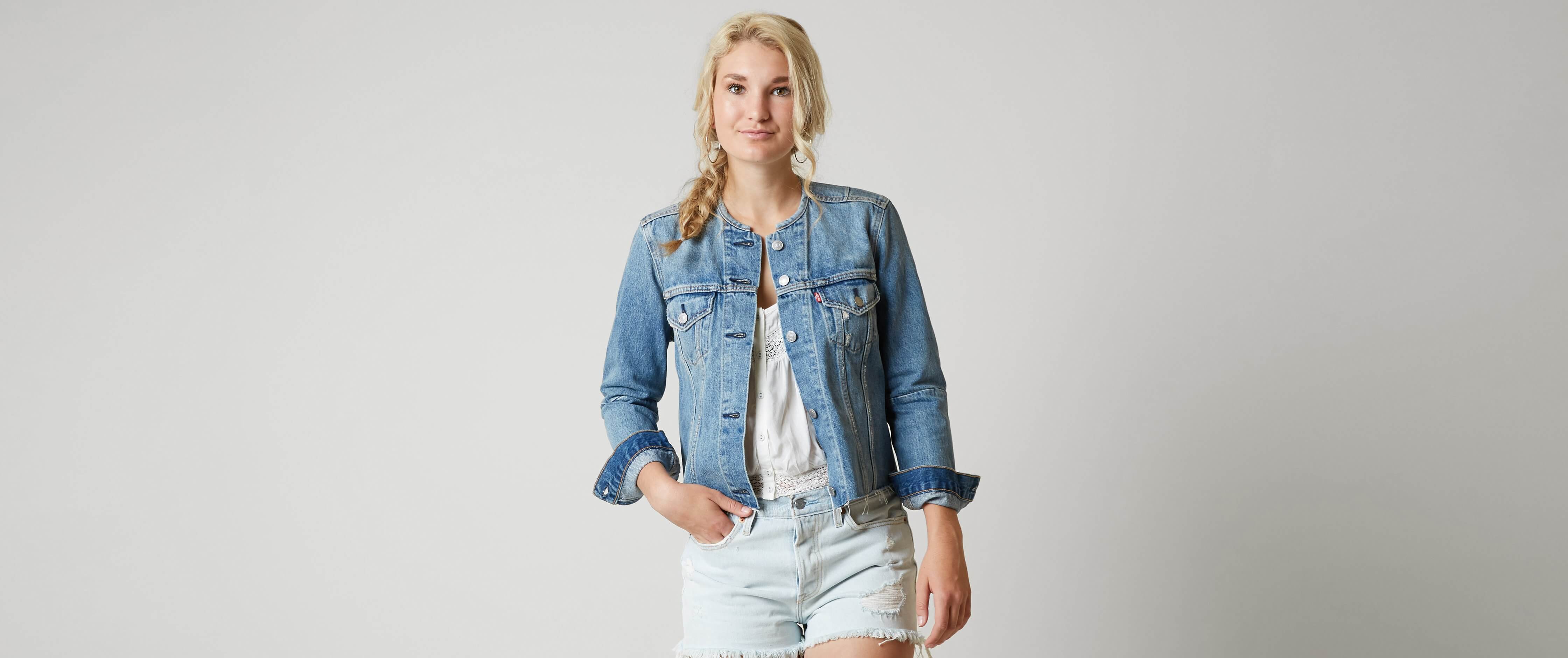 levis collarless denim jacket