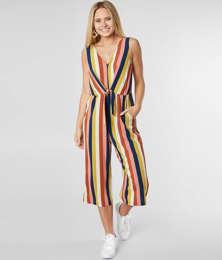 As U Wish Striped V-Neck Cropped Jumpsuit front view