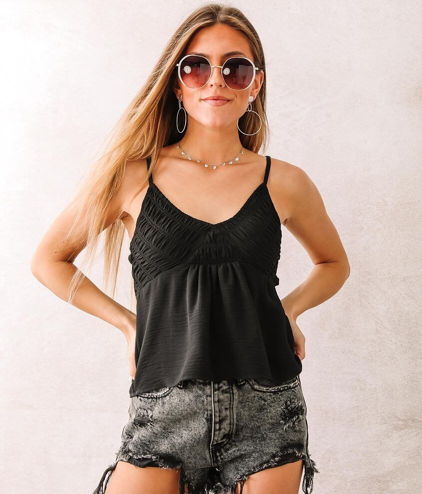 Love & Piece Smocked V-Neck Tank Top - Women's Tank Tops in Black