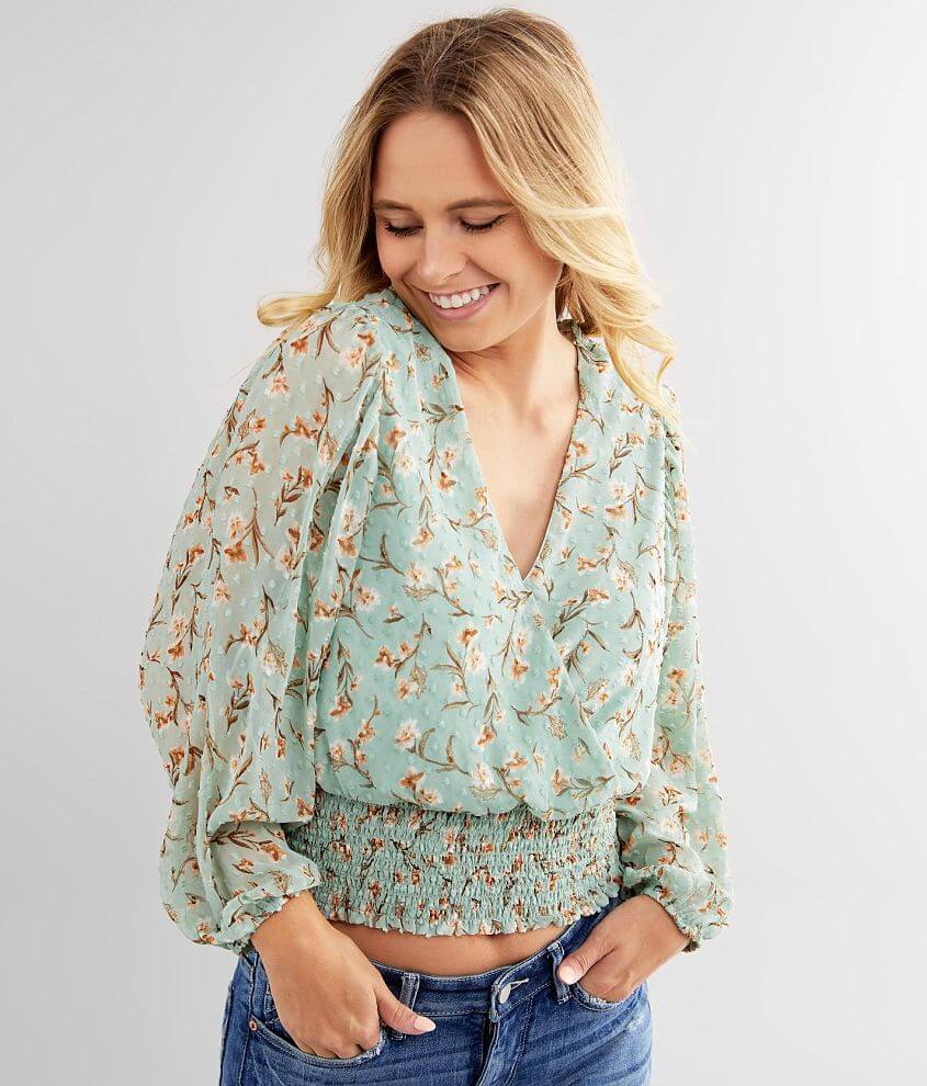 Lily White Floral Surplice Top Womens Shirtsblouses In Sage Floral Buckle 0756