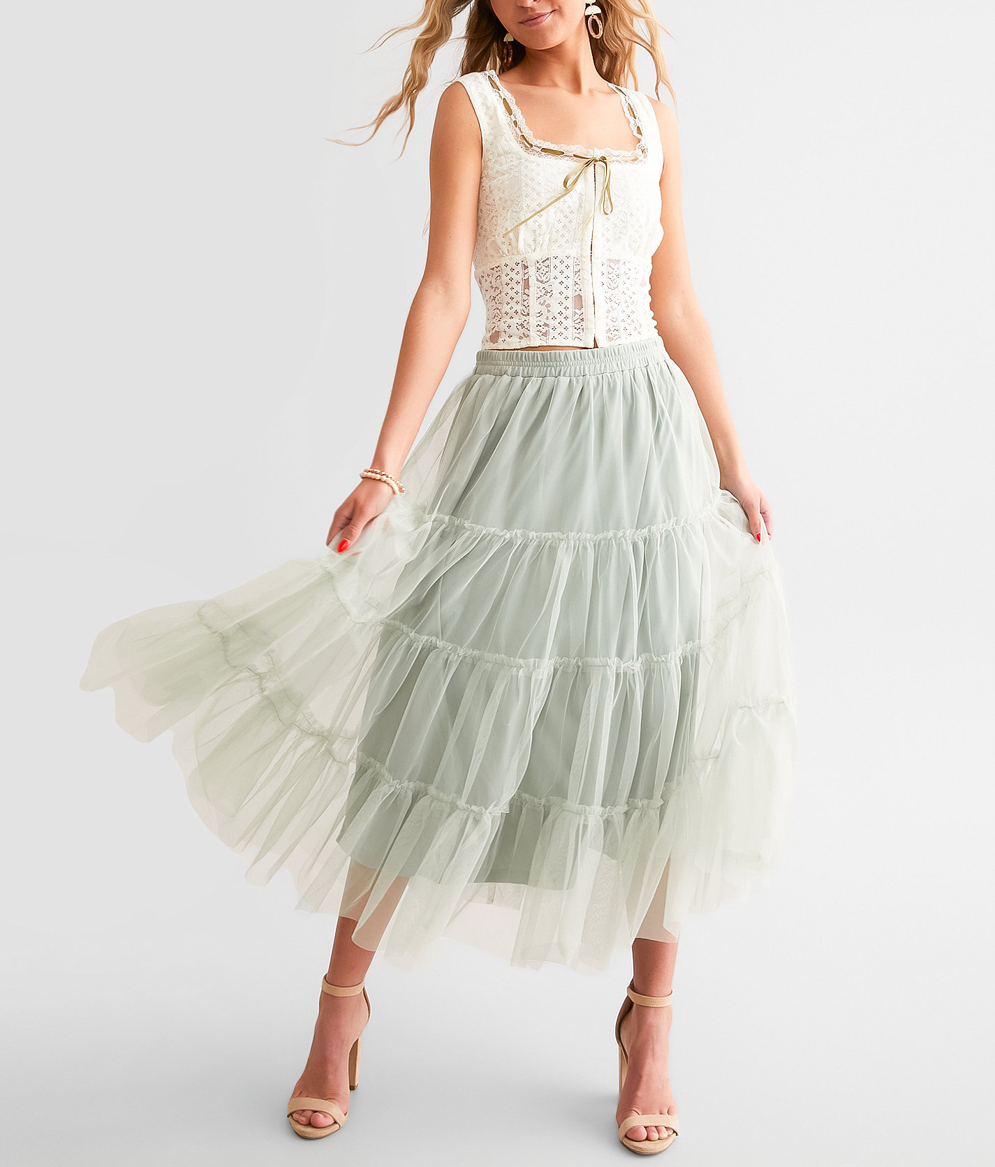 Listicle Tiered Mesh Midi Skirt - Women's Skirts in Sage | Buckle