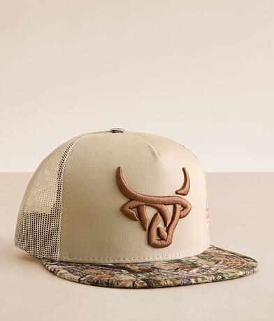 Lost Calf Camo Logo Trucker Hat front view