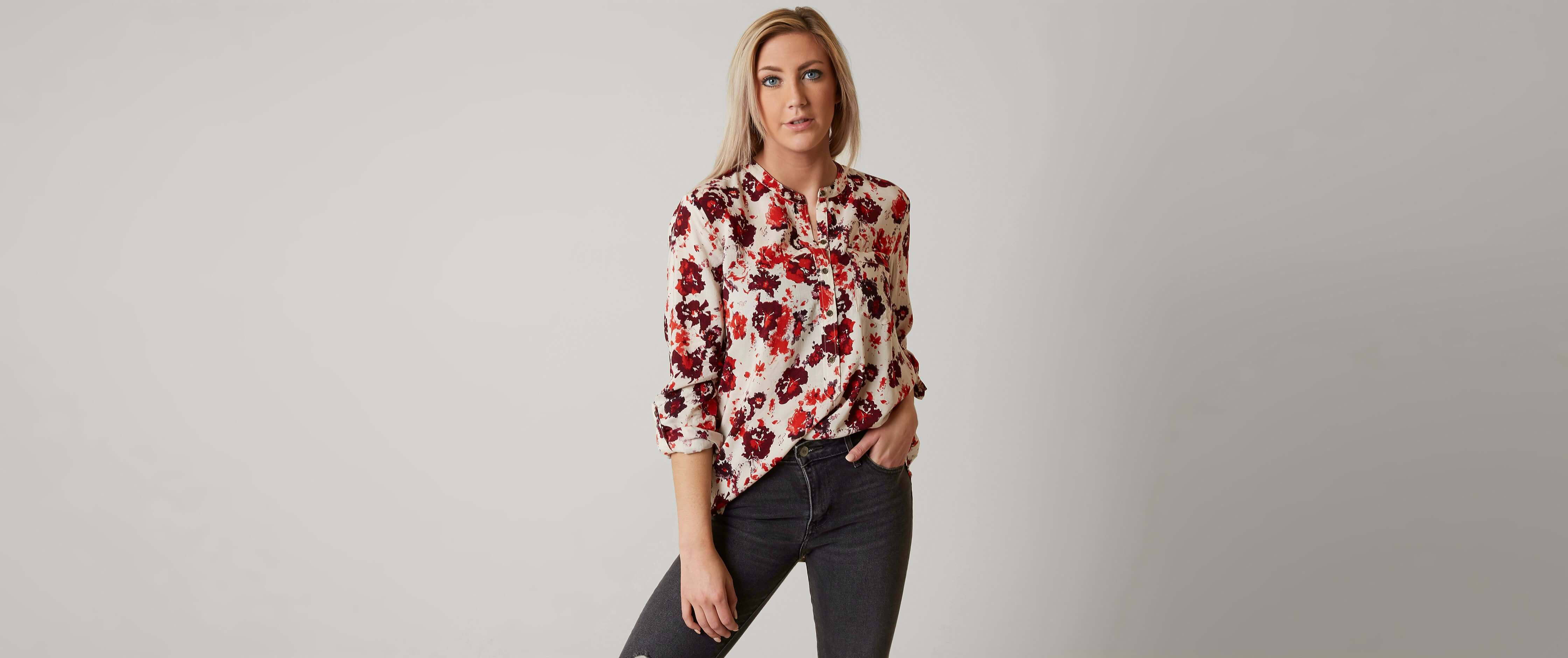 Lucky Brand Floral Henley Top Women's Shirts/Blouses in Natural Multi Buckle