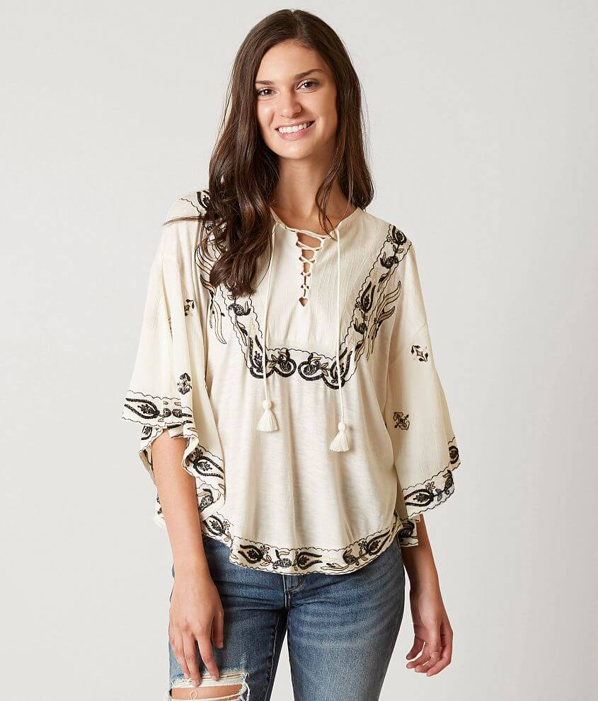Lucky Brand Embroidered Lace-Up Top front view
