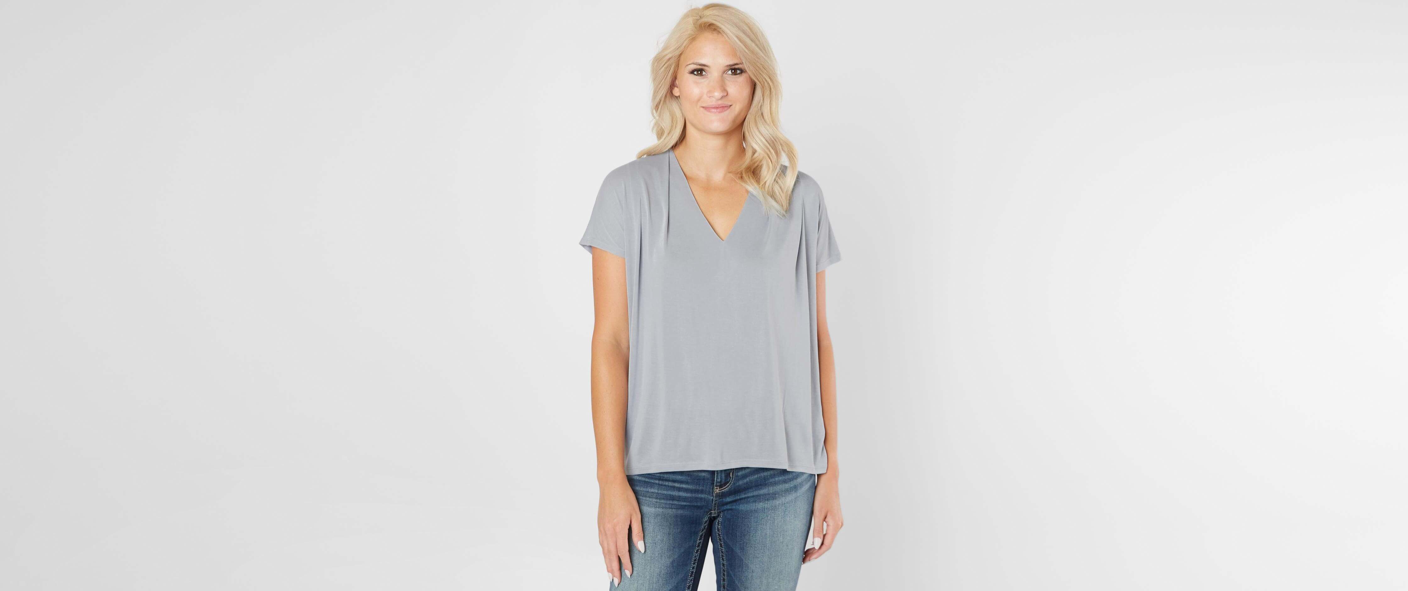 Lucky Brand Pleated V-Neck Top Women's Shirts Blouses in Sleet