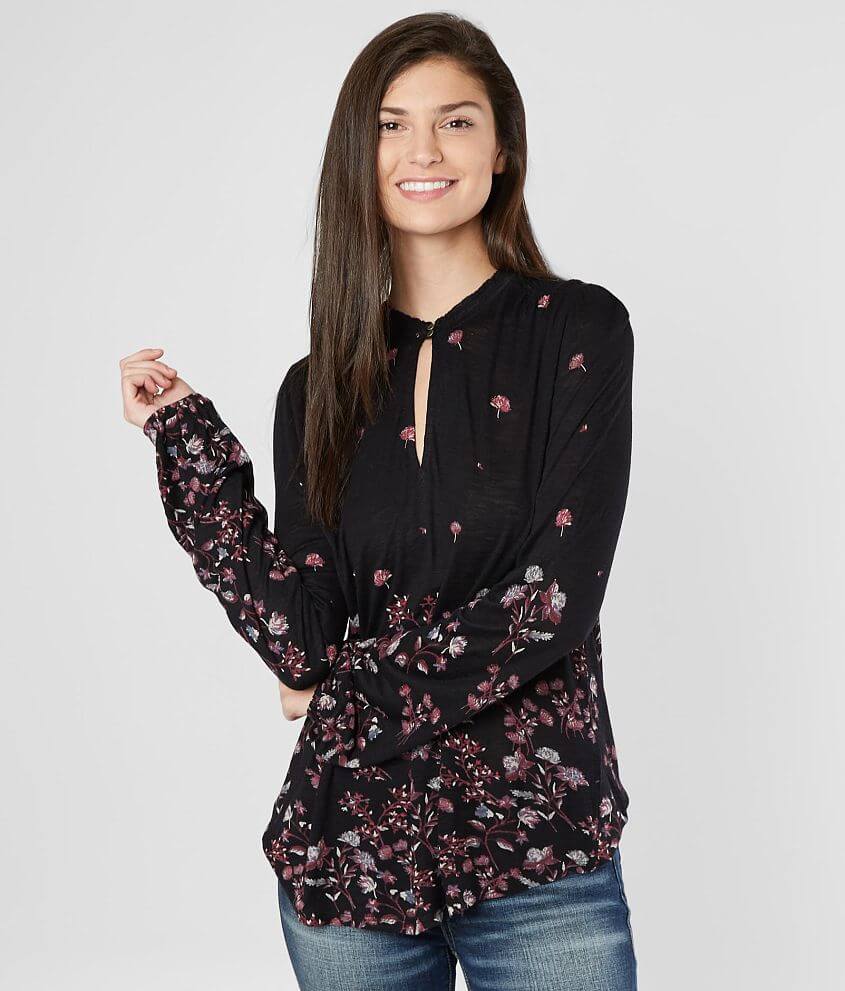 Lucky Brand Floral Slub Knit Top - Women's Shirts/Blouses in Black ...
