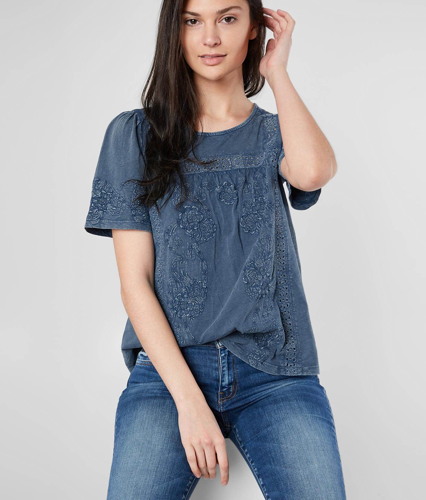 lucky brand floral embroidered tee