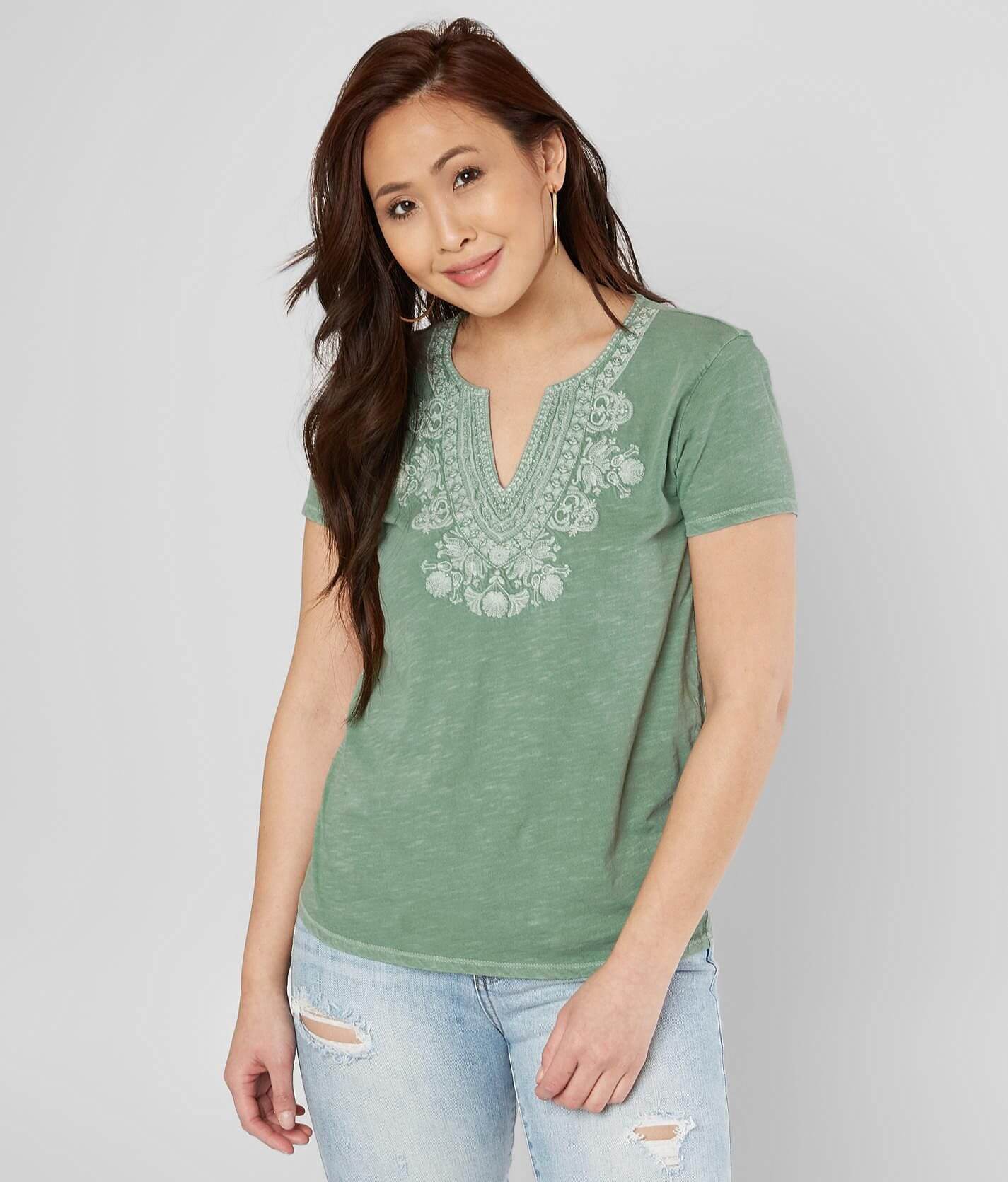 Lucky Brand Embroidered V-Neck Top - Women's Shirts/Blouses in Comfrey