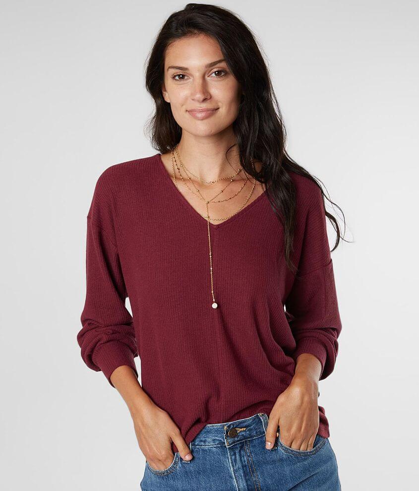 Lucky Brand Brushed Knit V-Neck Top - Women's Shirts/Blouses in Burgundy