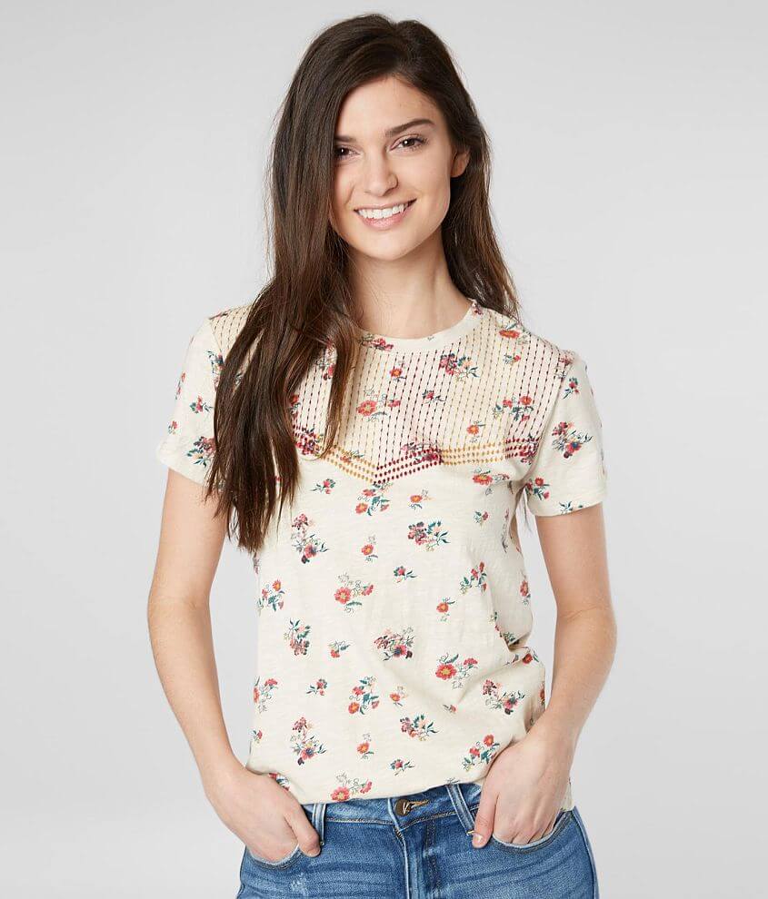 Lucky Brand Floral Embroidered T-Shirt - Women's T-Shirts in Natural Multi