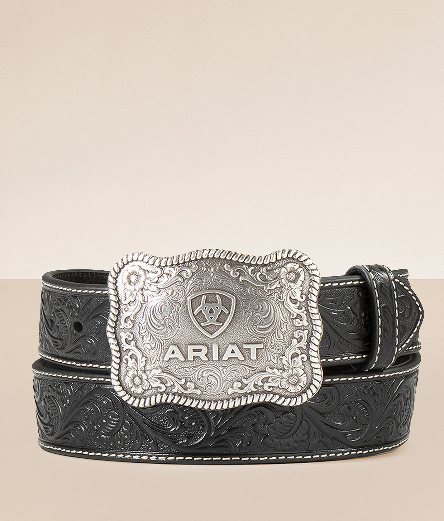 Ariat Men's Beveled Edge Leather Belt - Black, Size 42, Silver Buckle