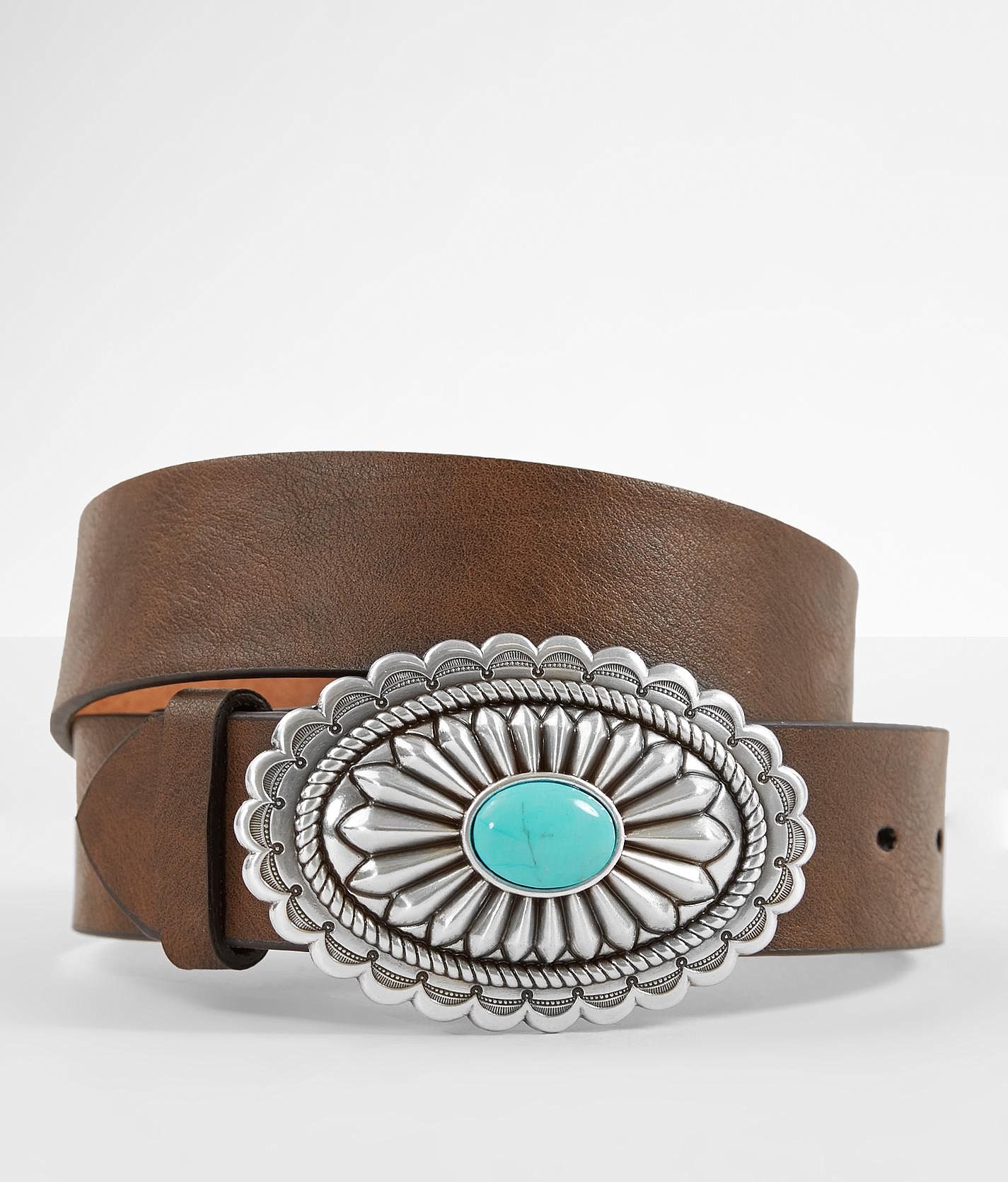 A1533602 Ariat Women's Brown Tooled Leather Belt w/Feathers & Silver  Turquoise Conchos