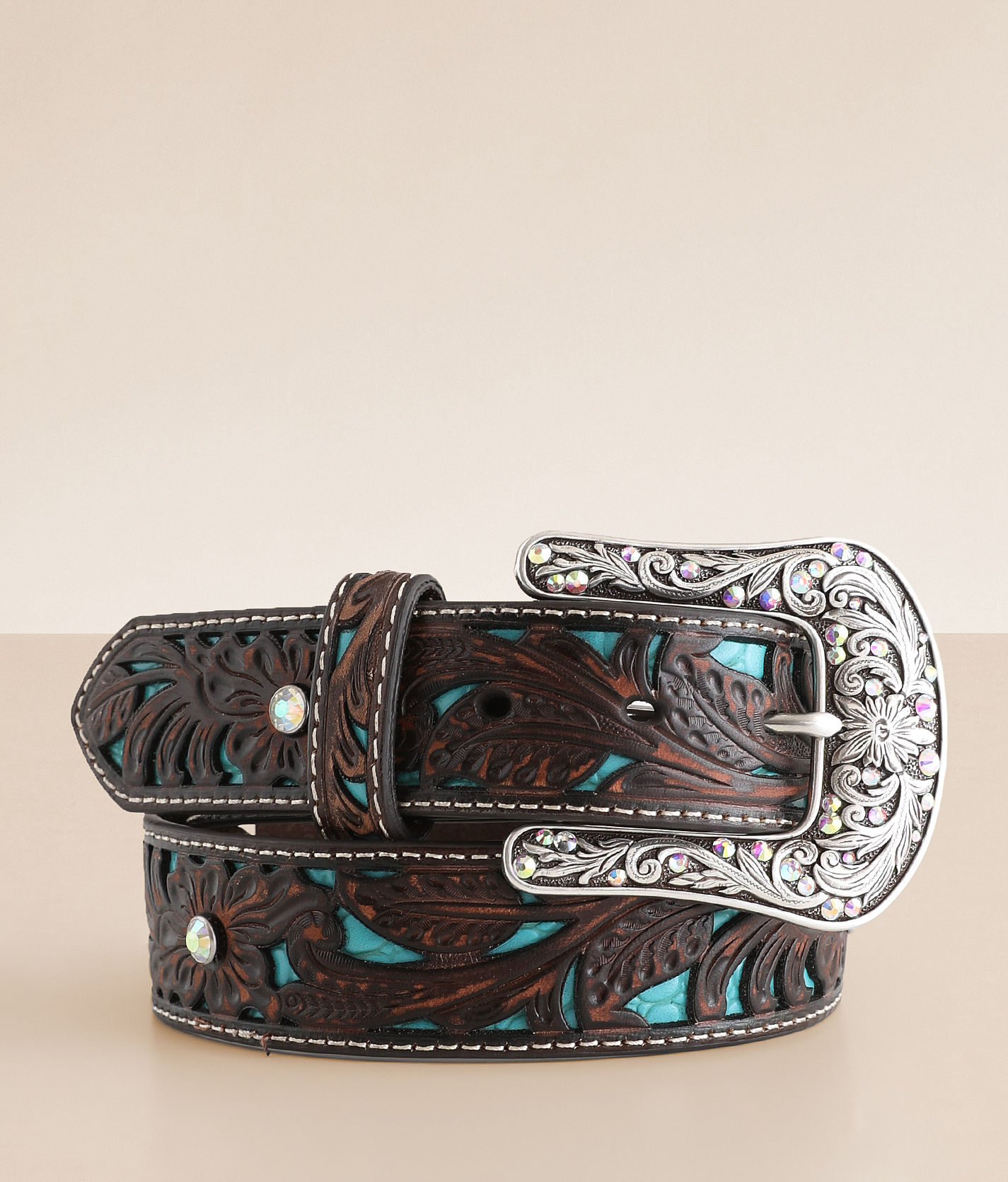 Ariat Embossed Turquoise Leather Belt - Women display picture 1