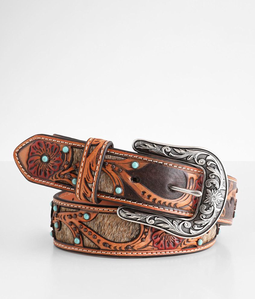 A1533602 Ariat Women's Brown Tooled Leather Belt w/Feathers & Silver  Turquoise Conchos