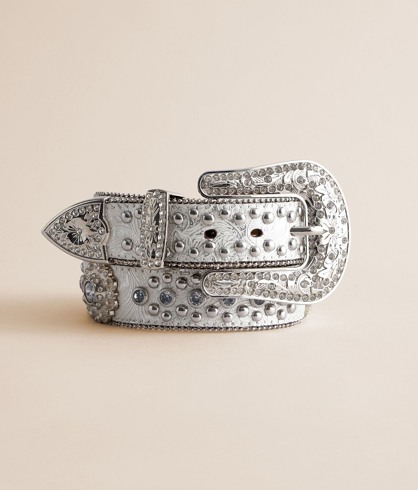 Leatherock USA Metallic Silver Leather Crystal Scroll Buckle Belt Size 34 LEATHEROCK 34 Size Belts for Women for sale | eBay main image 3