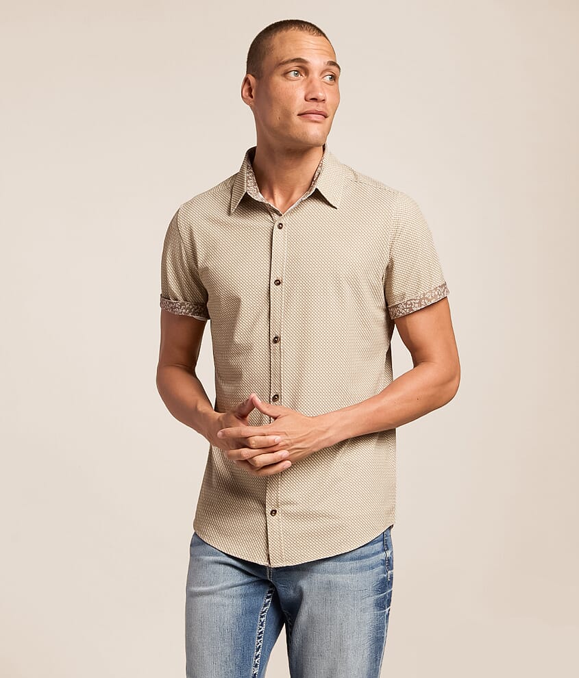 J.B. Holt Men's Polyester Textured Standard Performance Stretch Shirt in Tan White/Khaki | Size: Large | Buckle