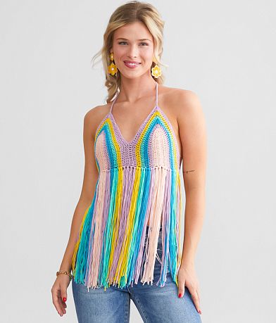 Mable Rainbow Fringe Halter Tank Top front view