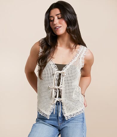 Main Strip Crochet Front Tie Sweater Vest front view