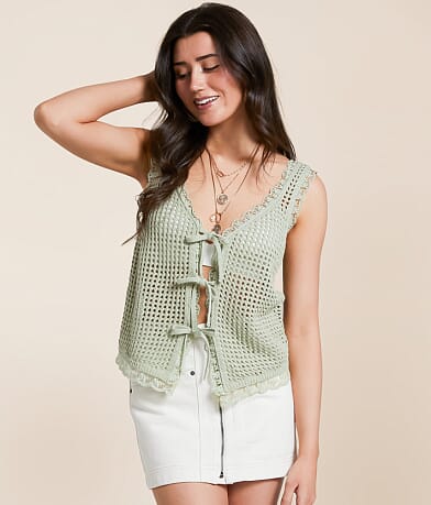 Main Strip Crochet Front Tie Sweater Vest front view