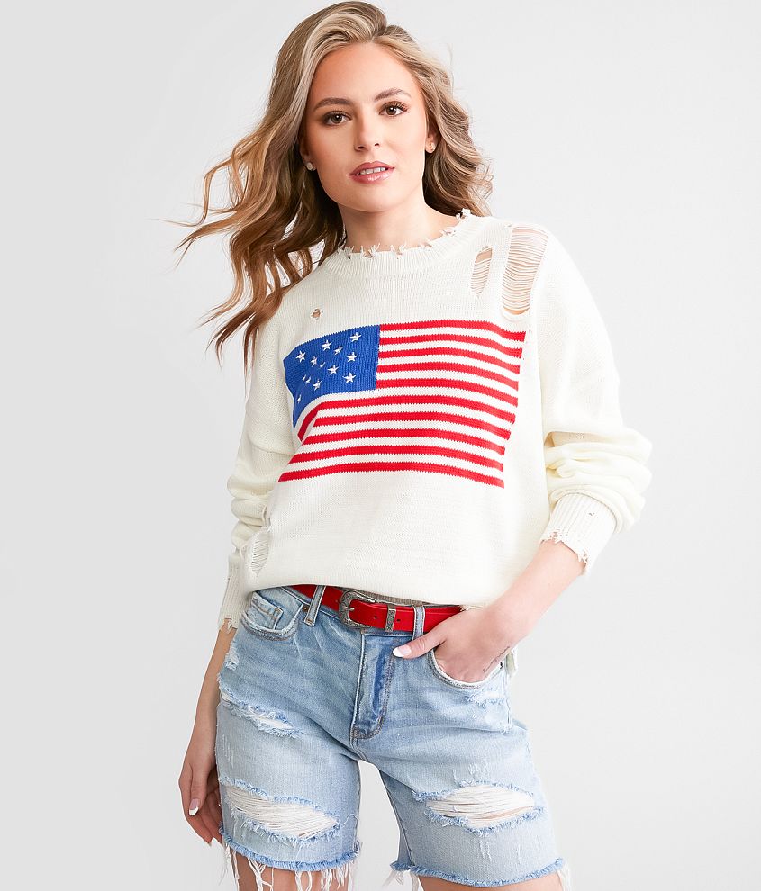 Main Strip Distressed Flag Sweater front view