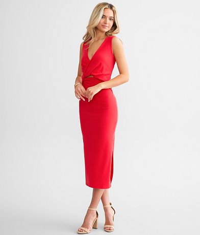 Willow & Root Twisted Surplice Midi Dress front view