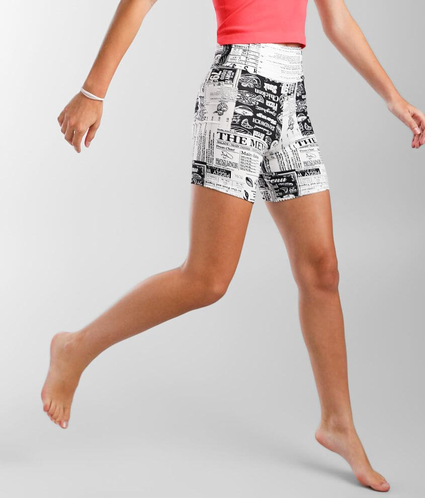 Newspaper print biker store shorts