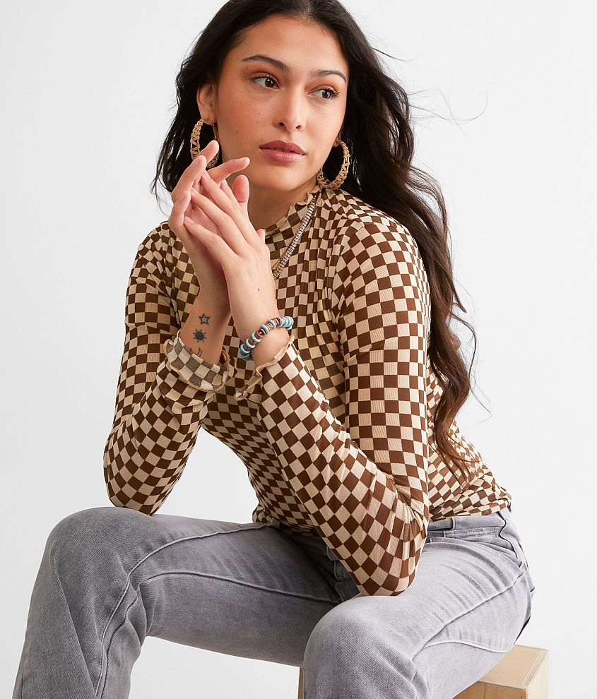 Willow & Root Checkered Mesh Top - Women's Shirts/Blouses in Brown Cream