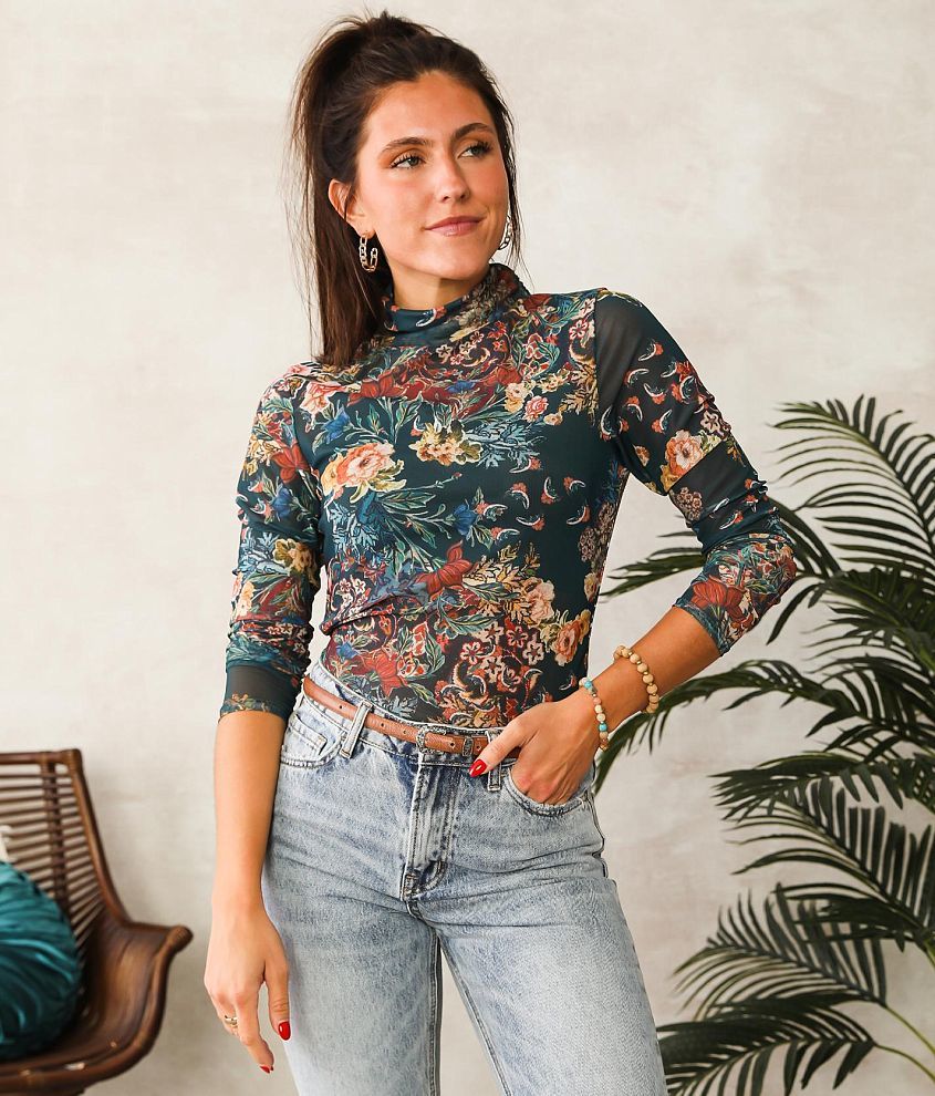 Willow And Root Floral Mesh Top Womens Shirtsblouses In Multi Buckle