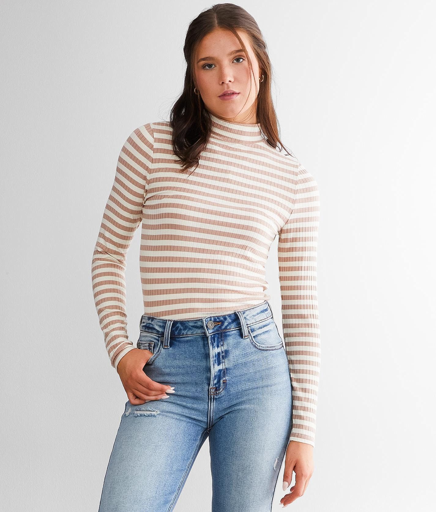 Daytrip Striped Mock Neck Top - Women's Shirts & Blouses in Taupe