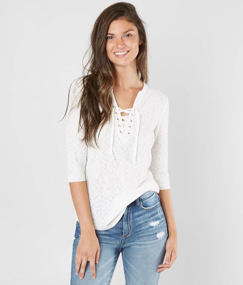 BKE Ribbed Lace-Up Top - Women's Shirts/Blouses in Cream | Buckle