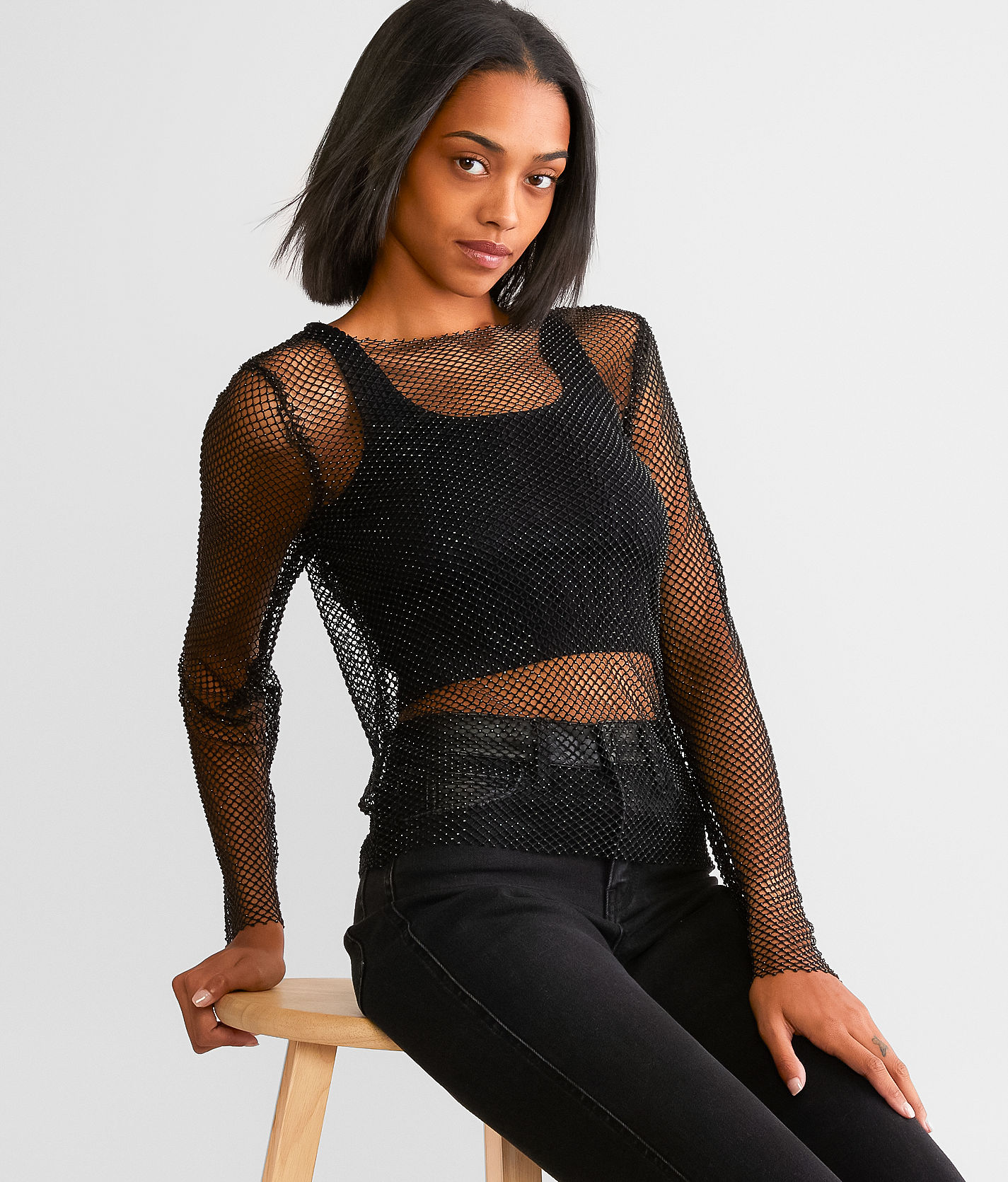 Retroluxe Rhinestone Mesh Top - Women's Shirts/Blouses in Black 