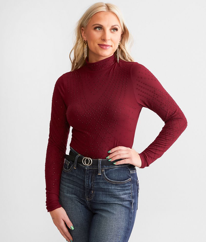 Sheer Knit Slinky Funnel Neck Top