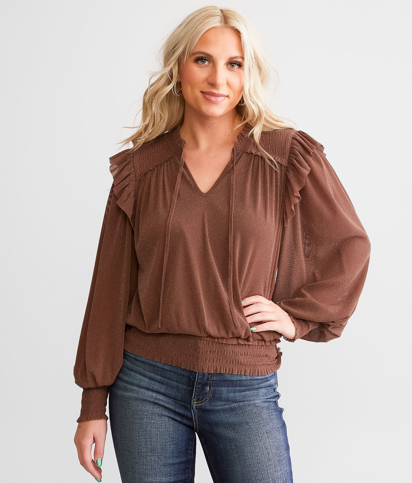 Plus Brown Mesh Ruffle Detail Long Sleeve Top