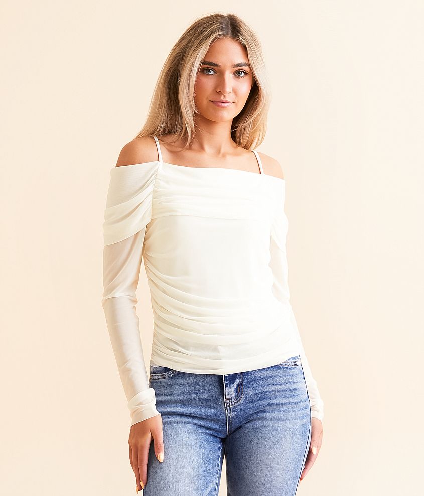 Willow &#38; Root Cold Shoulder Mesh Top front view